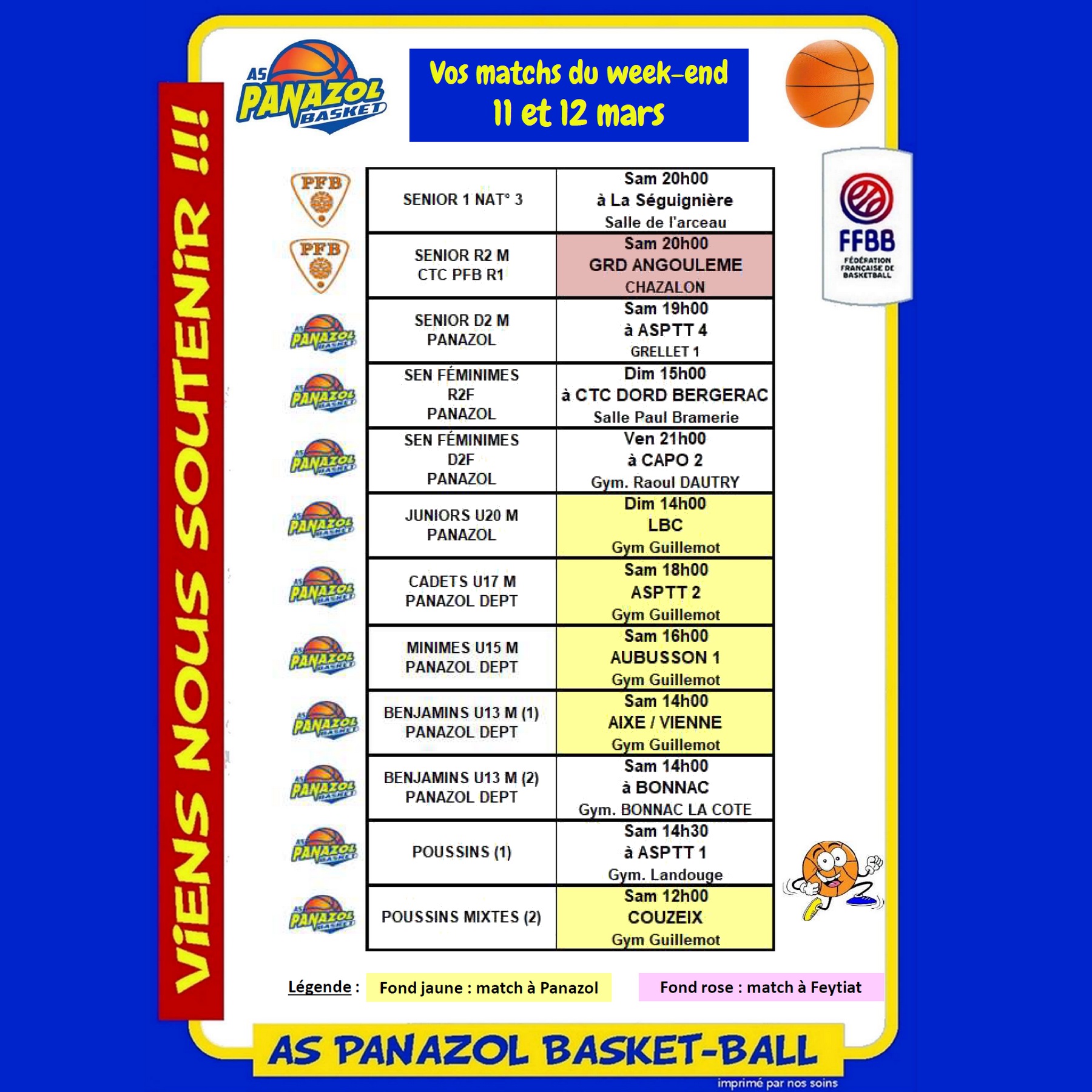 Programme Matchs Du 11 Au 12 Mars 2023 AS Panazol Basket